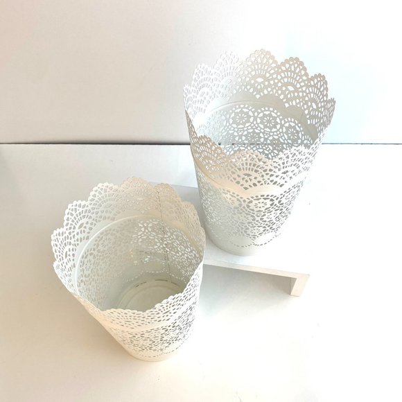 IKEA 2-Pack White Lace Metal Punched Tin Cut-Out Vase Planter Scallop Ed… - Picture 6 of 6